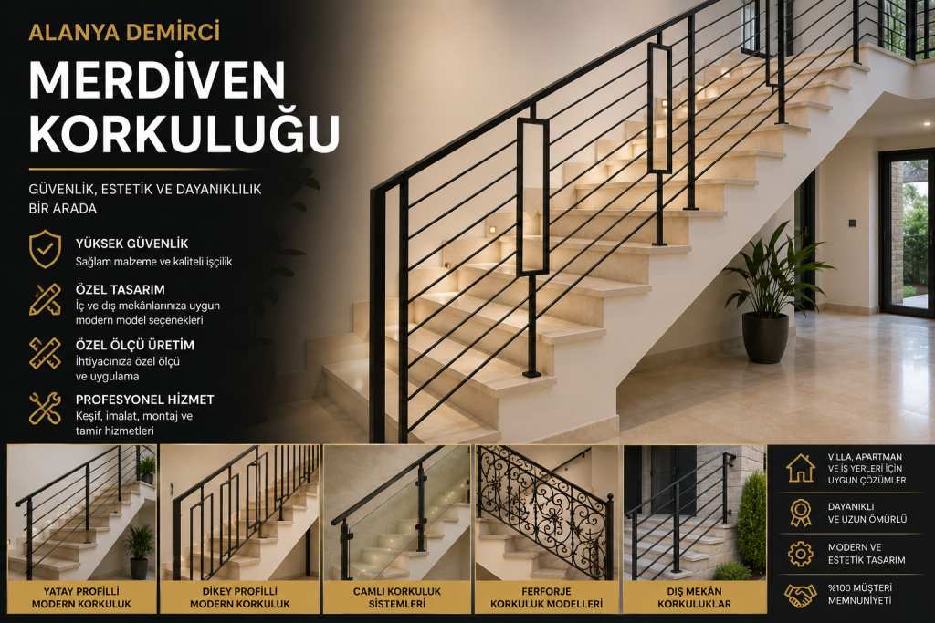 Alanya’da villa ve apartmanlar için özel ölçülü modern demir merdiven korkuluğu uygulaması