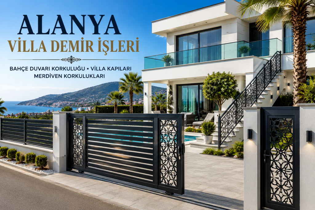 Alanya villa demir işleri kapsamında modern bahçe duvar korkuluğu, villa giriş kapısı, sürgülü kapı ve merdiven korkuluk sistemleri