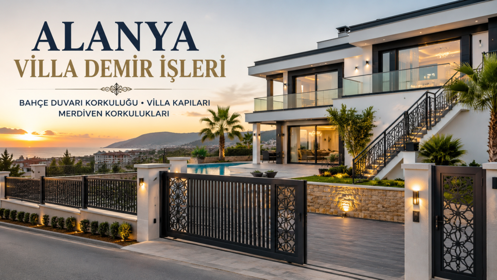 Alanya villa projeleri için özel üretim bahçe duvar korkuluğu, villa giriş kapısı ve merdiven korkuluk sistemleri.
