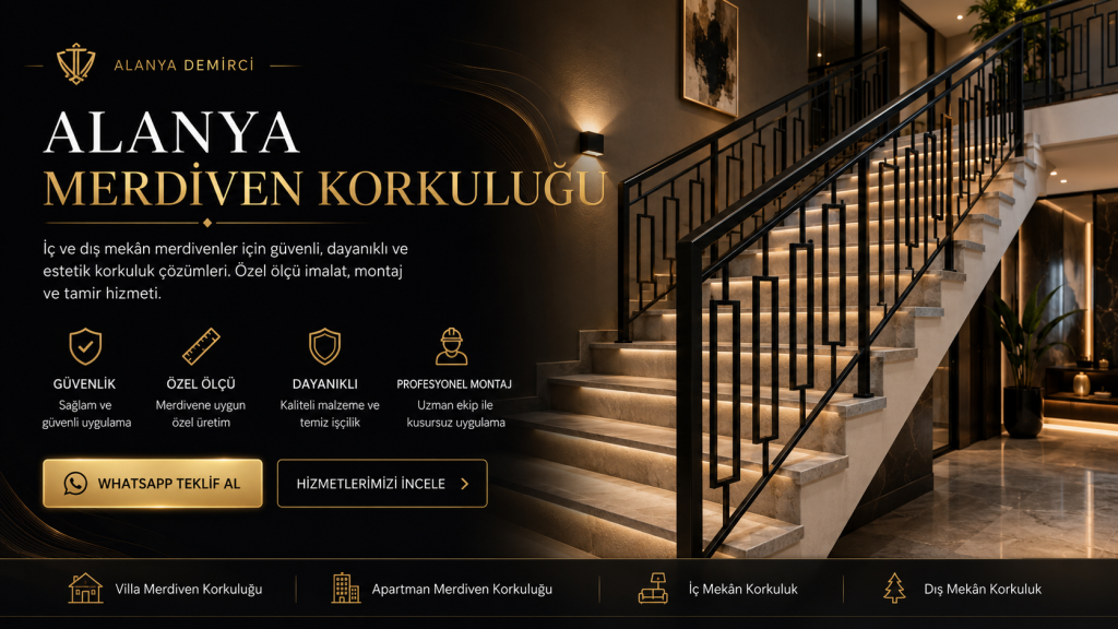 Alanya’da villa ve apartmanlar için özel ölçülü modern demir merdiven korkuluğu imalatı
