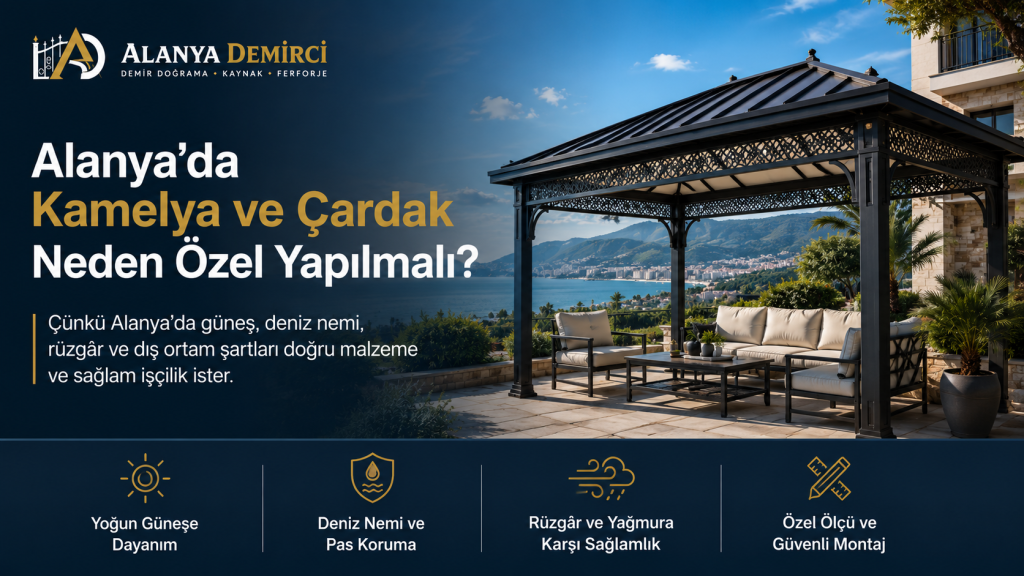 Alanya’da kamelya ve çardak neden özel yapılmalı sorusunu anlatan demir gölgelik görseli