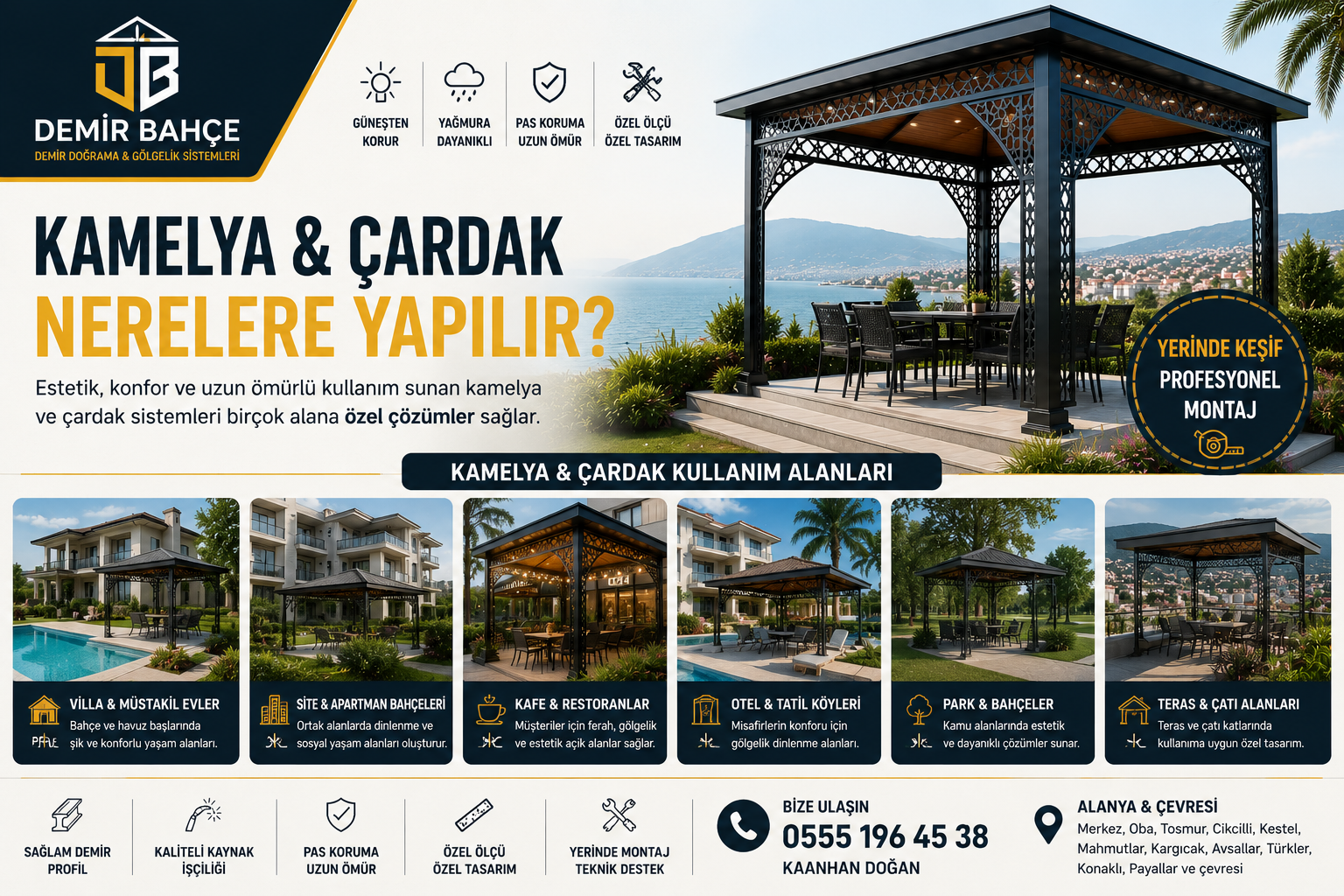 Kamelya ve çardak nerelere yapılır sorusunu anlatan Alanya demir gölgelik kullanım alanları görseli