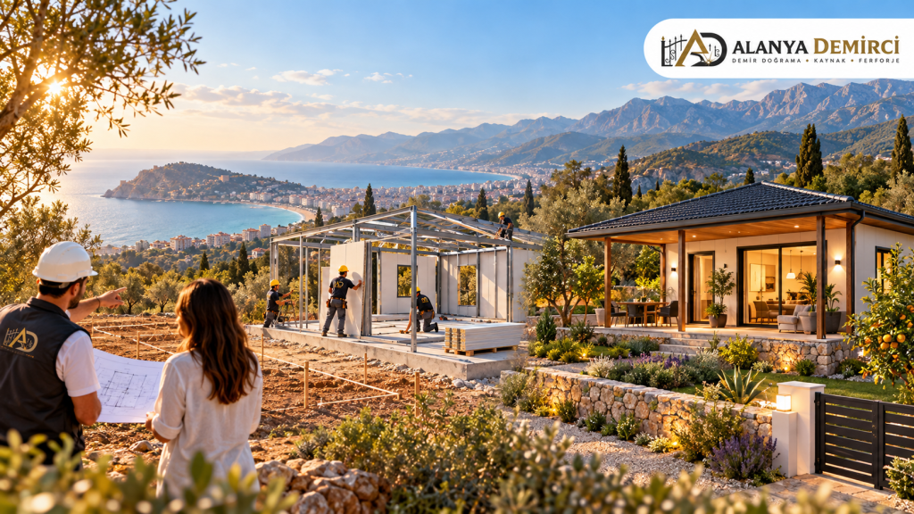 Alanya’da prefabrik evin keşif, çelik konstrüksiyon kurulum ve tamamlanma aşamalarını gösteren temsili görsel