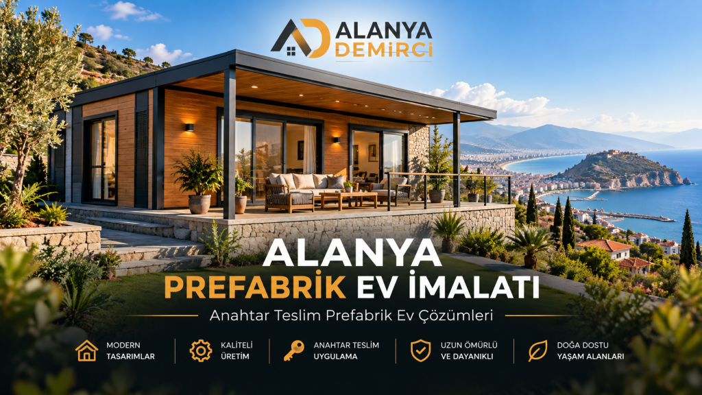 Alanya Demirci prefabrik ev imalatı görseli; çelik platform üzerinde verandası ve merdiveni olan prefabrik ev
