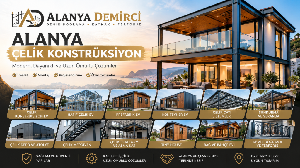 Alanya çelik konstrüksiyon, hafif çelik ev, prefabrik ev, konteyner, çelik çatı, sundurma ve veranda hizmetleri