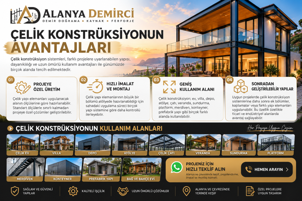 Çelik konstrüksiyonun avantajları; projeye özel üretim, hızlı imalat ve montaj, geniş kullanım alanı ve geliştirilebilir yapı çözümleri
